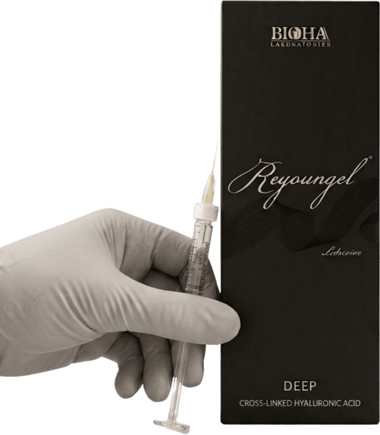 יד עם כפפה אוחזת במזרק ומארז מוצר Reyoungel מבית Bioha Laboratories